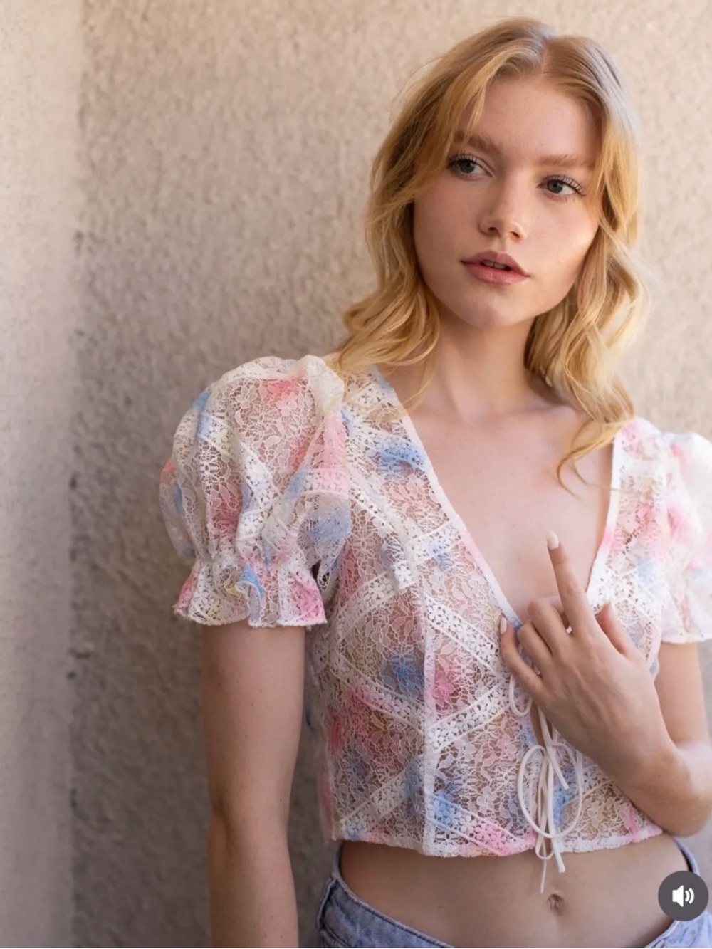 Blue Blush Pastel Multi Lace Puff Sleeve Tie-Front Crop Top Whimsycore Fairycore